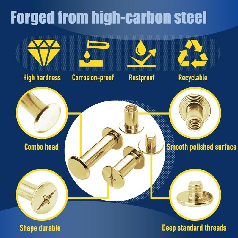 ArcNascency Store 130 Sets Gold Chicago Screws Leather Rivets Kit, 7 Sizes (M5*4,5,6,8,10,12,15) & 3 Screw Lengths (M4*3,4,5) for Belts, Bookbinding, DIY Leather (Gold) - Image 3